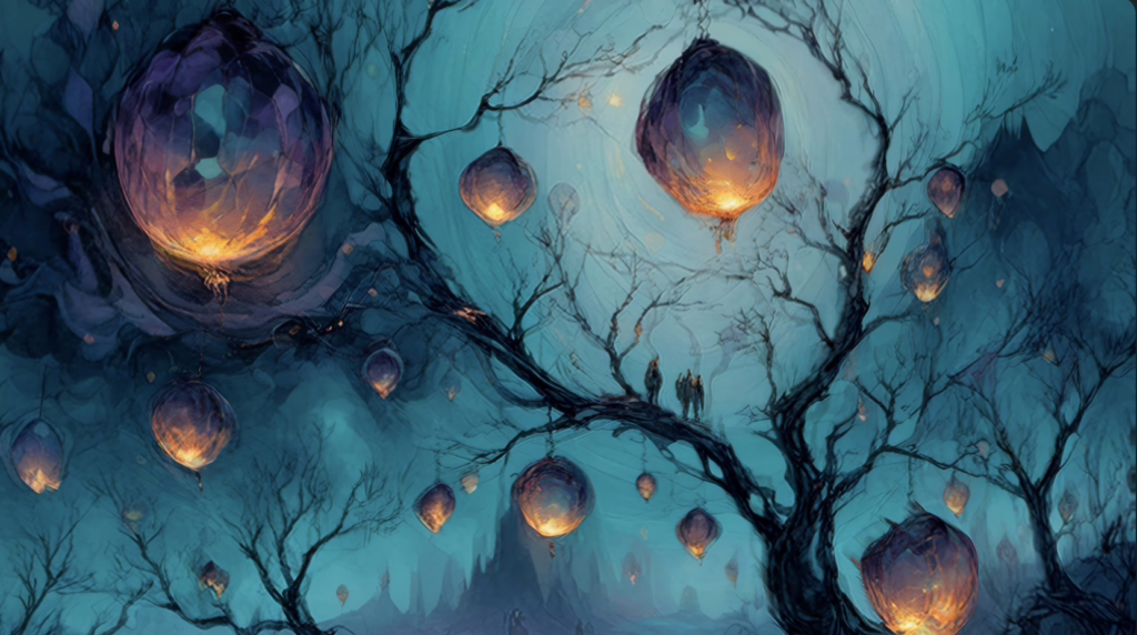 Surreal psychedelic mushroom art of a glowing forest with lanterns hanging from branches, guiding figures through a dreamlike landscape